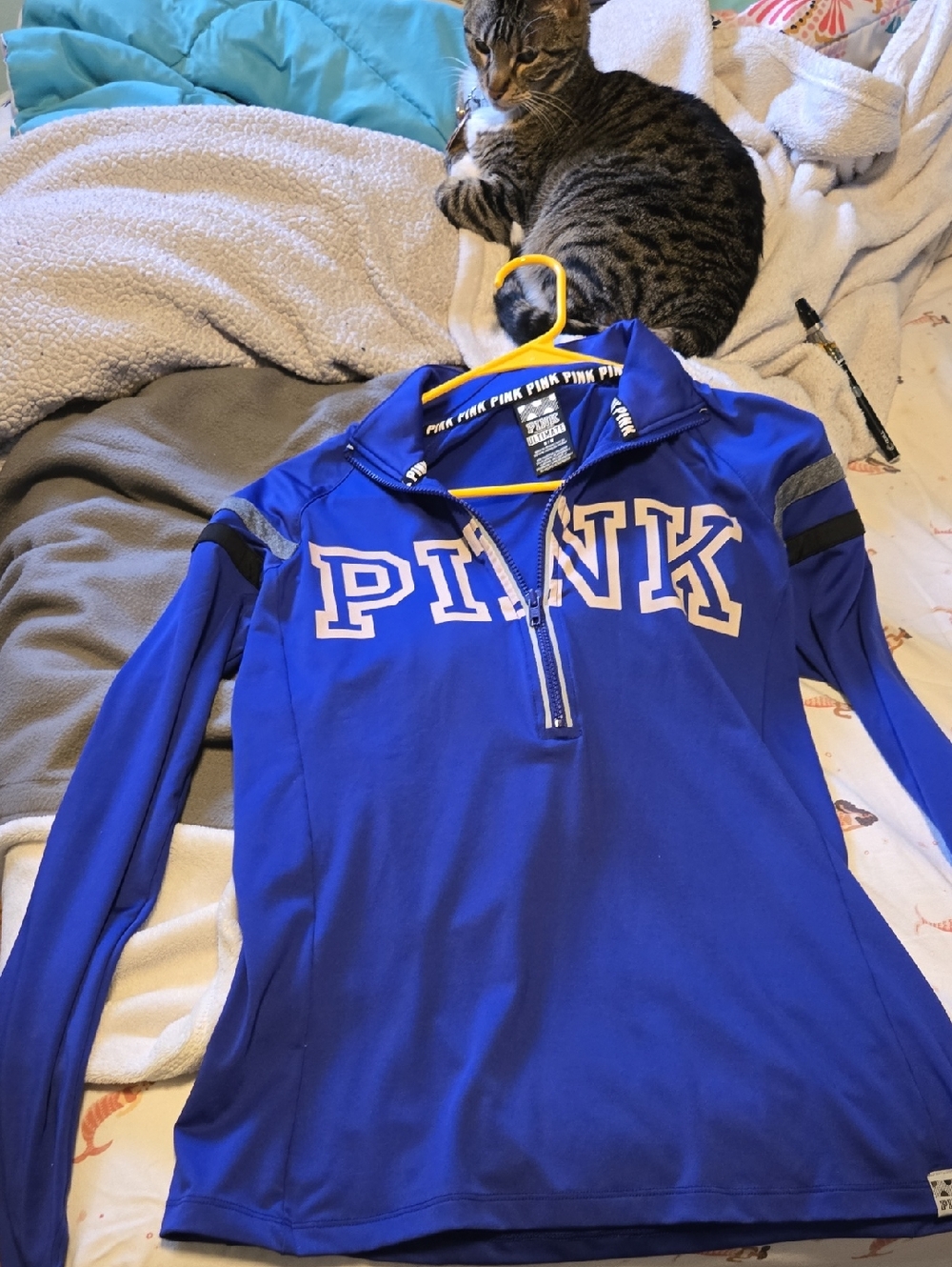 PINK Victoria's Secret Royal Blue Quarter-Zip Pullover with White Logo